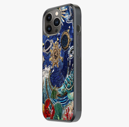 Universe Underwater Spark Glass Case photographed in natural light showing reflective finish and design depth.