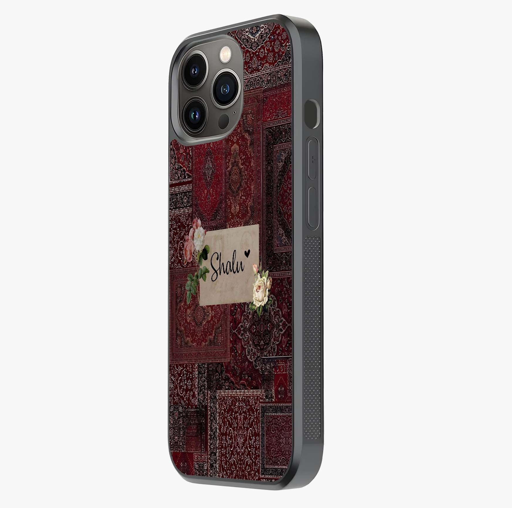 Velvet Wine Pattern Custom Name Glass Case photographed in natural light showing reflective finish and design depth.