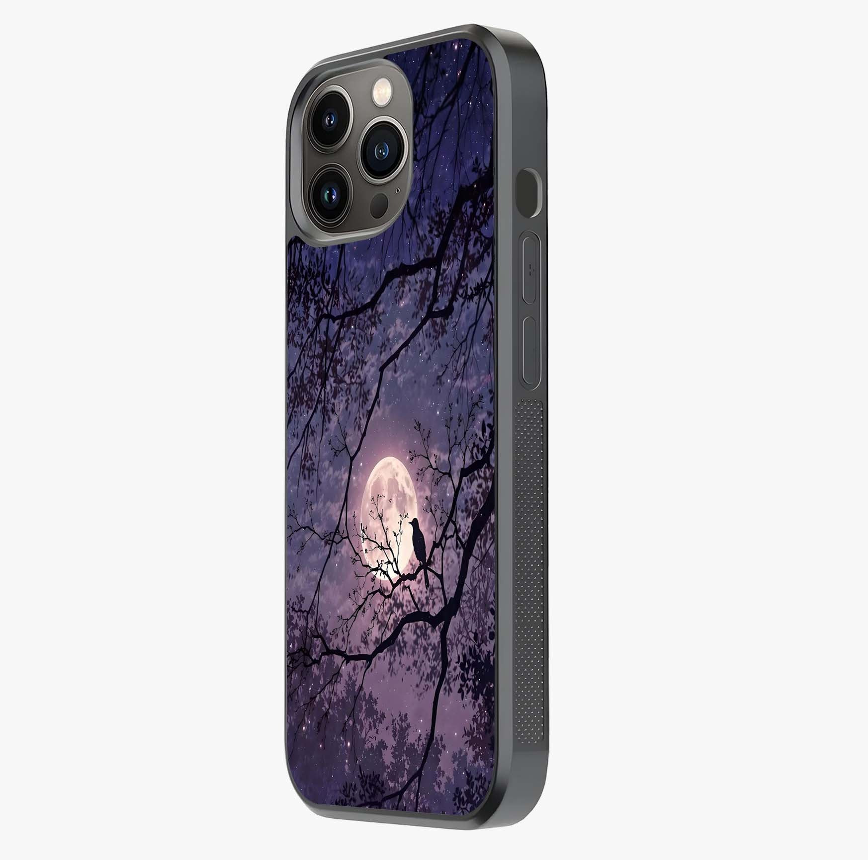 Whispering Moon Silence Glass Case photographed in natural light showing reflective finish and design depth.