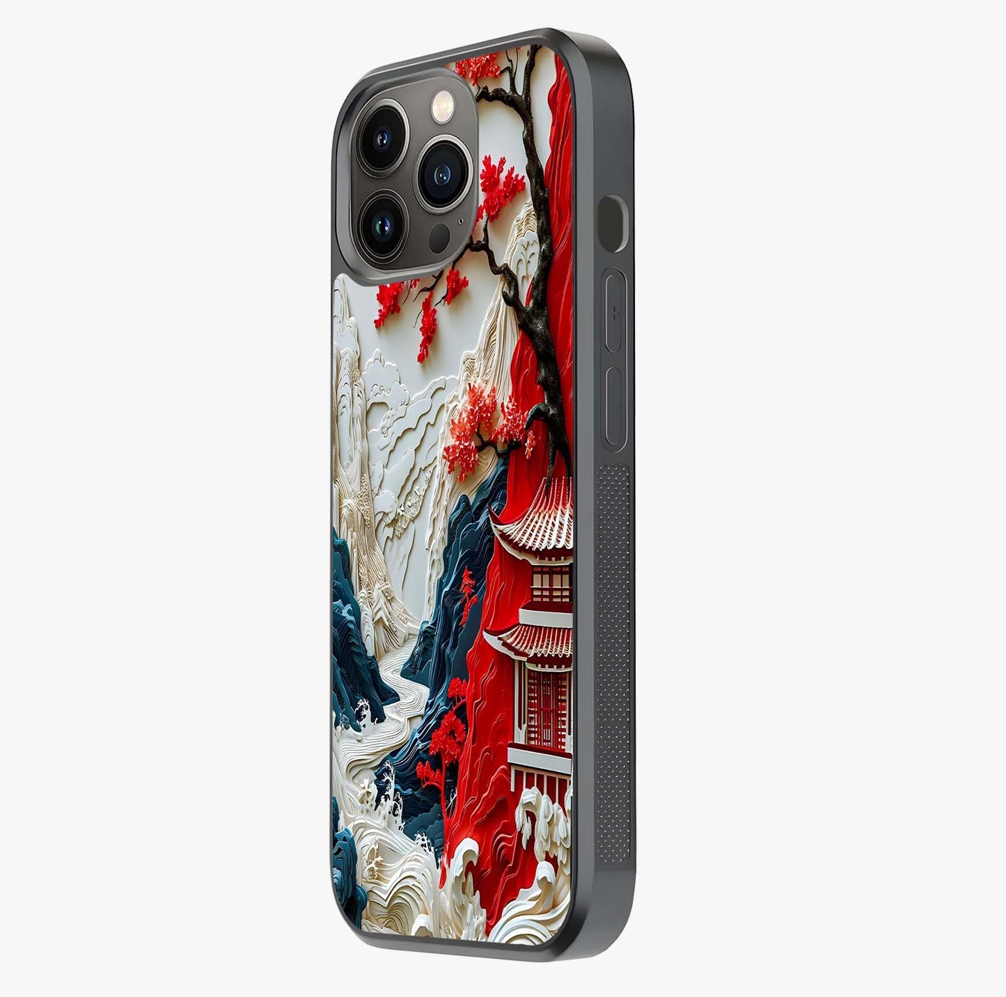 Whispers Of Sakura Waves Glass Case photographed in natural light showing reflective finish and design depth.