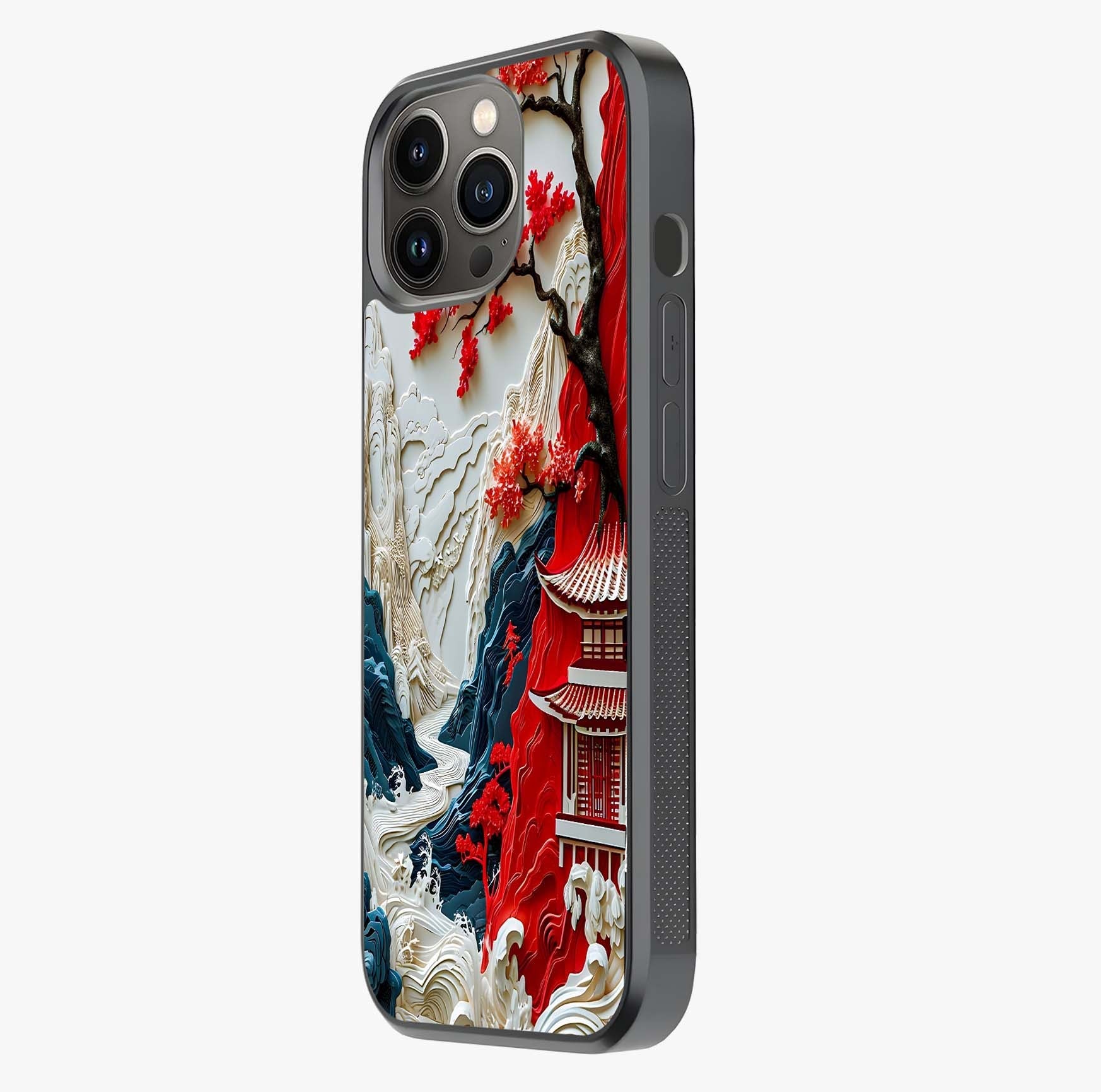 Whispers Of Sakura Waves Glass Case photographed in natural light showing reflective finish and design depth.