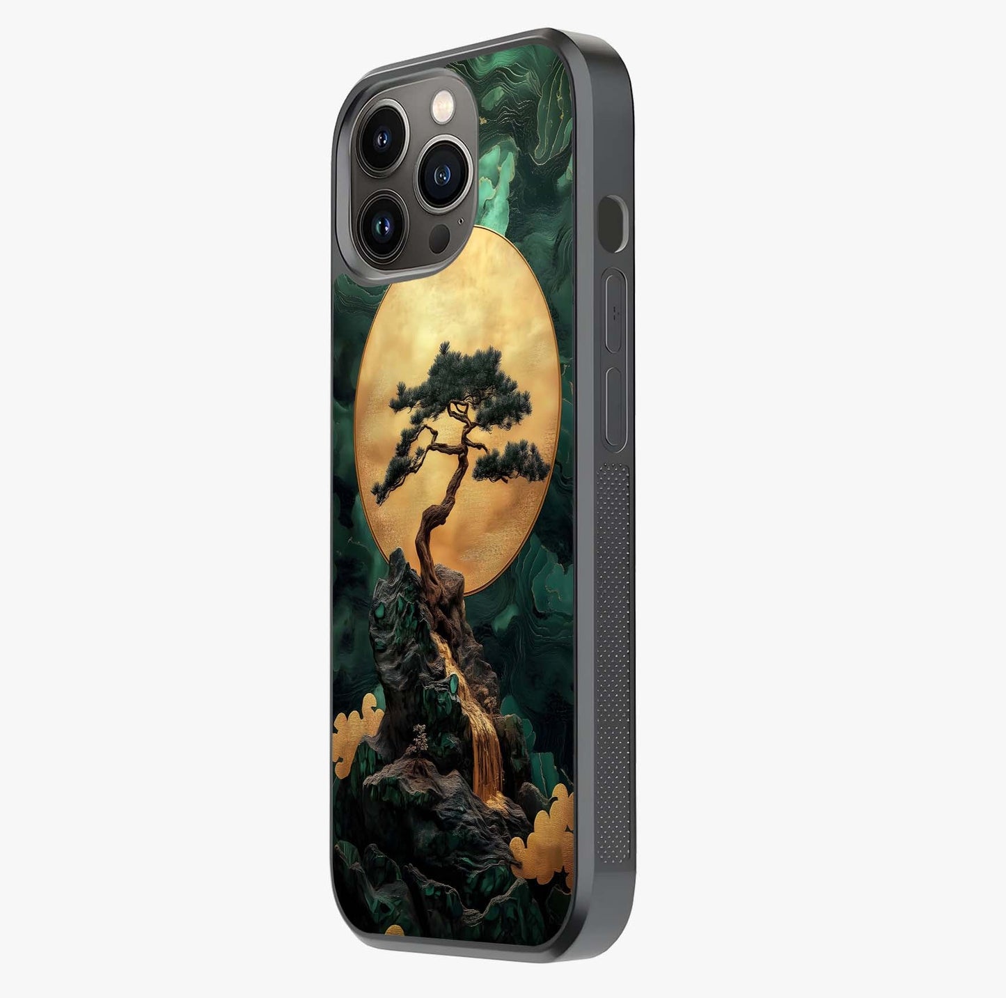 Zen Moon Rise Glass Case photographed in natural light showing reflective finish and design depth