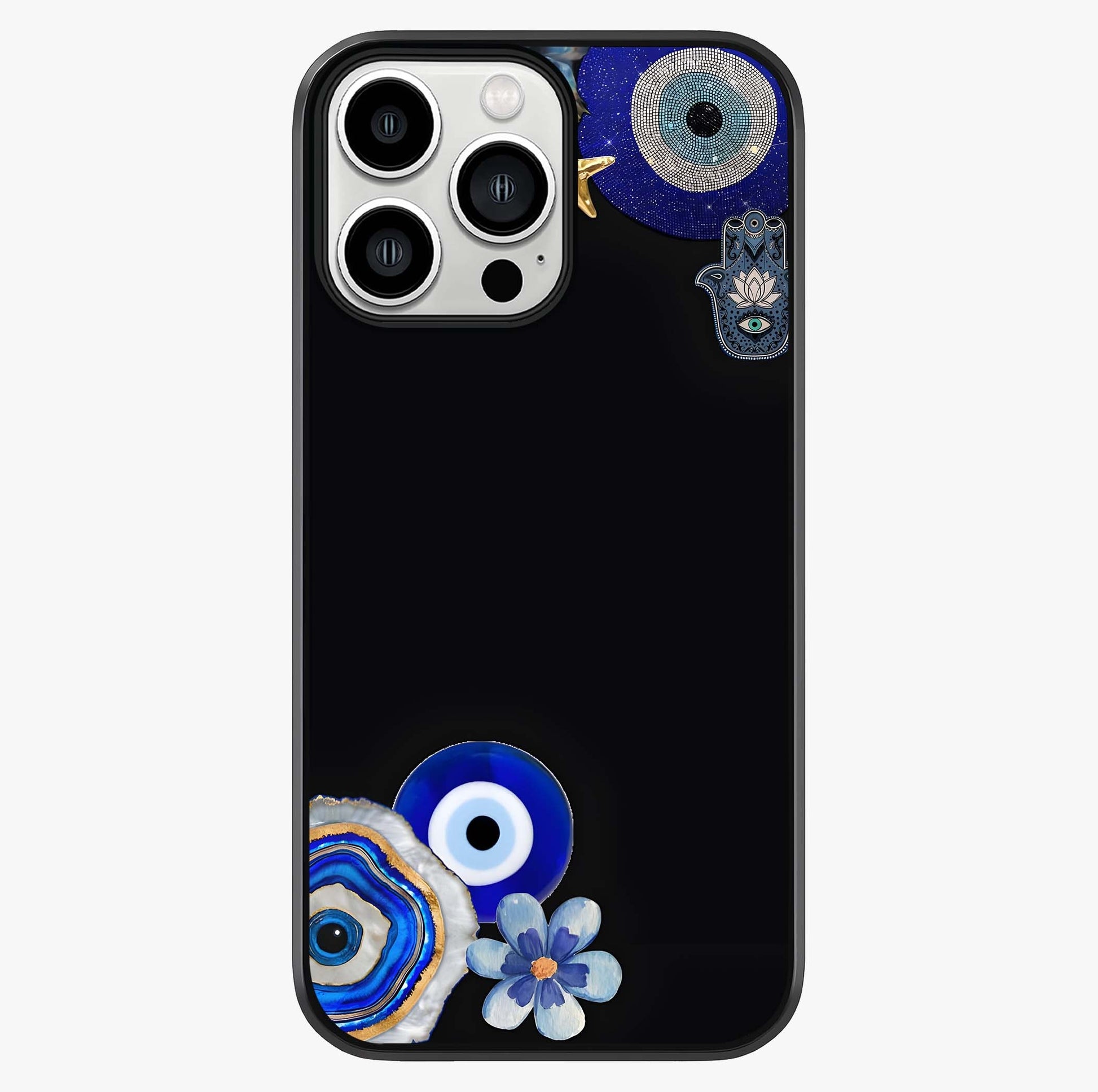 Aesthetic Blue Evil Eye Glass Case showing full back design in clean flat view with glossy glass finish.