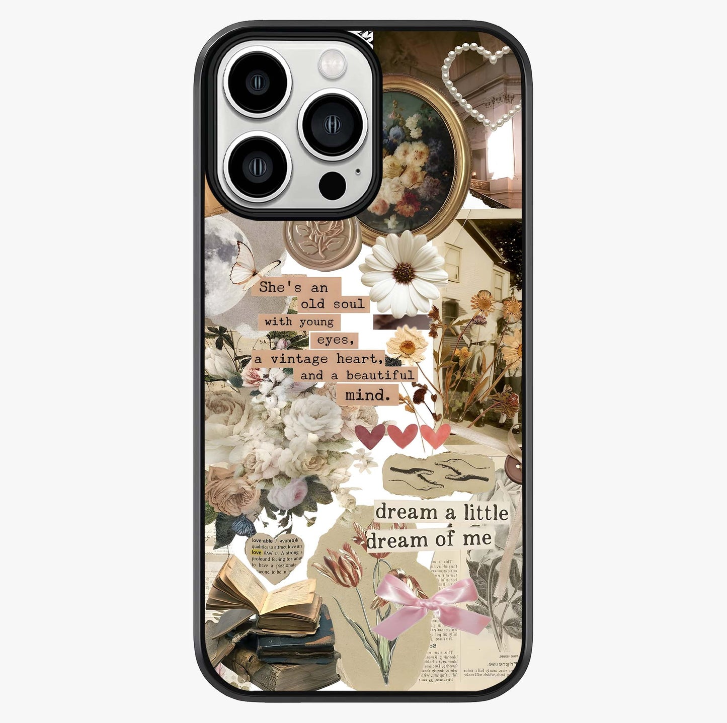 Aesthetic Brown Vintage Collage Glass Case showing full back design in clean flat view with glossy glass finish.