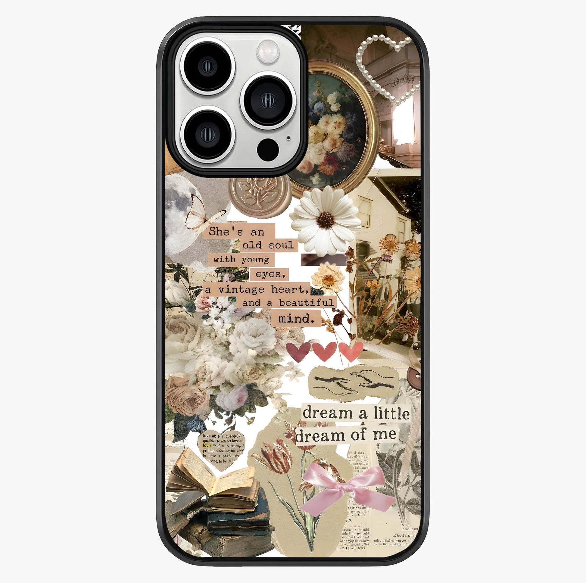 Aesthetic Brown Vintage Collage Glass Case showing full back design in clean flat view with glossy glass finish.