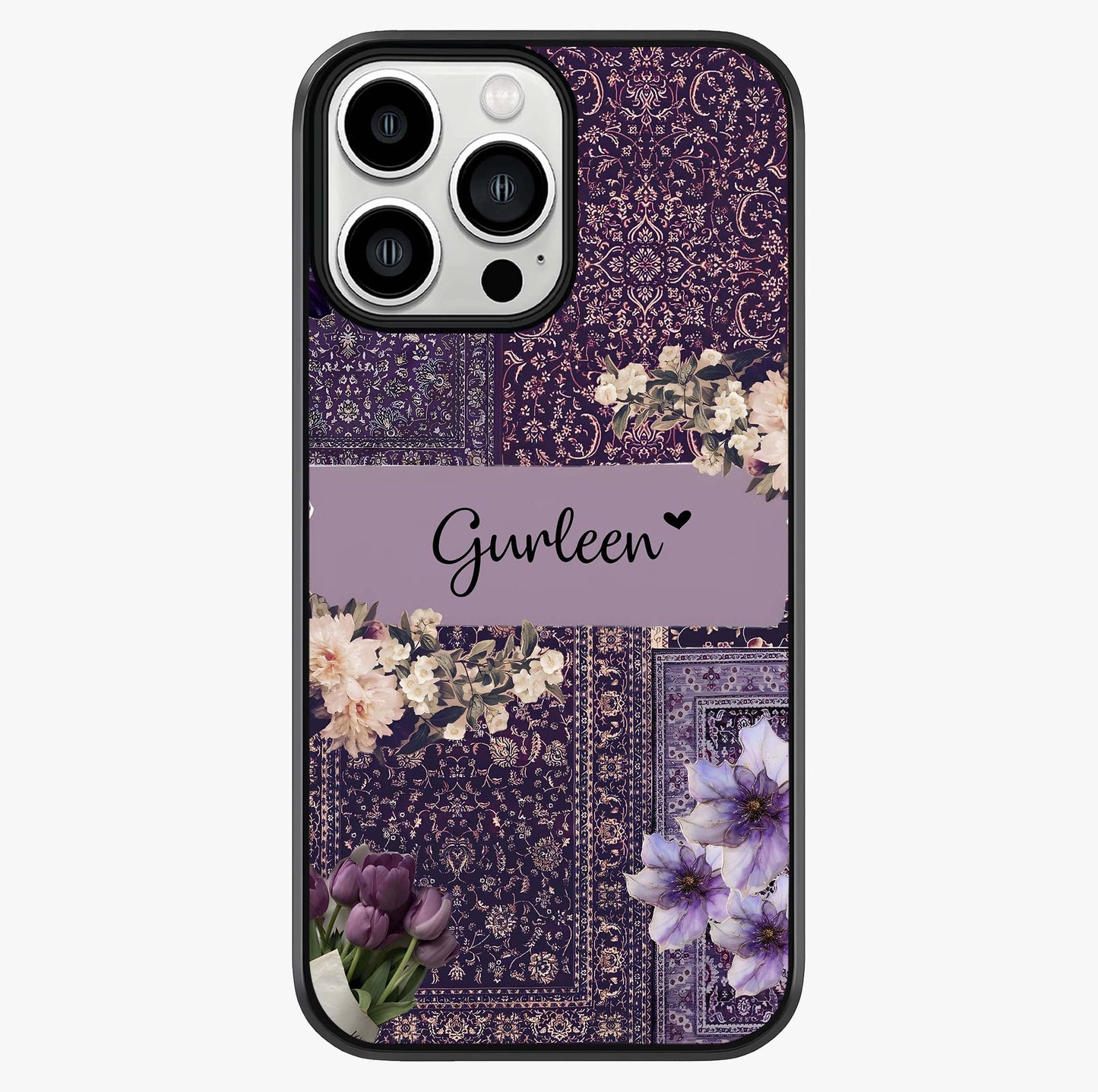 Antique Floral Whisper Custom Name Glass Case showing full back design in clean flat view with glossy glass finish.