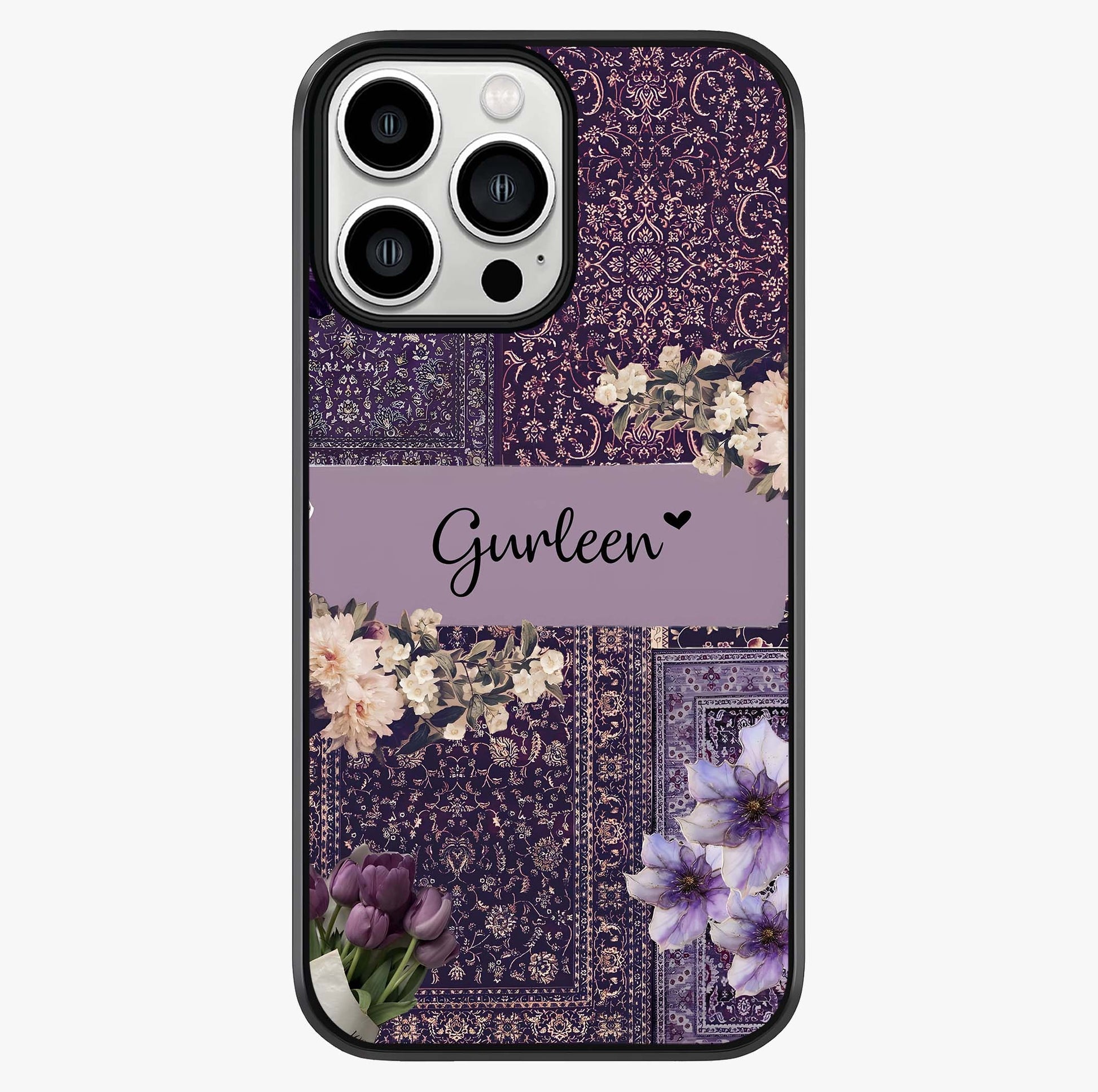 Antique Floral Whisper Custom Name Glass Case showing full back design in clean flat view with glossy glass finish.