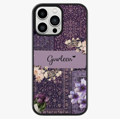 Antique Floral Whisper Custom Name Glass Case showing full back design in clean flat view with glossy glass finish.