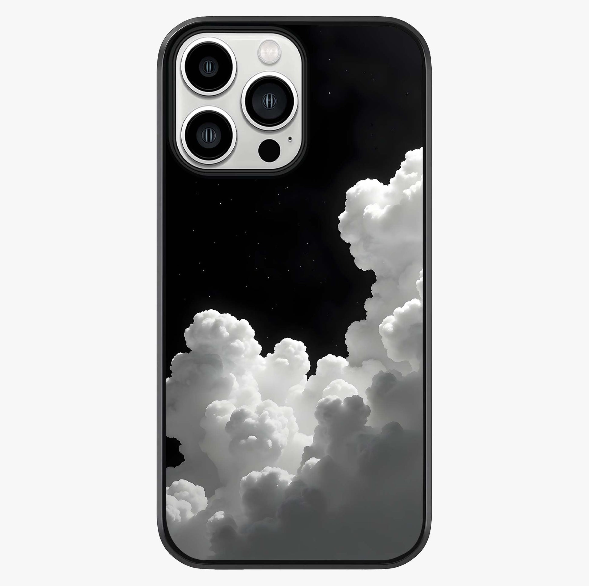 Black Background With White Cloud Glass Case showing full back design in clean flat view with glossy glass finish.
