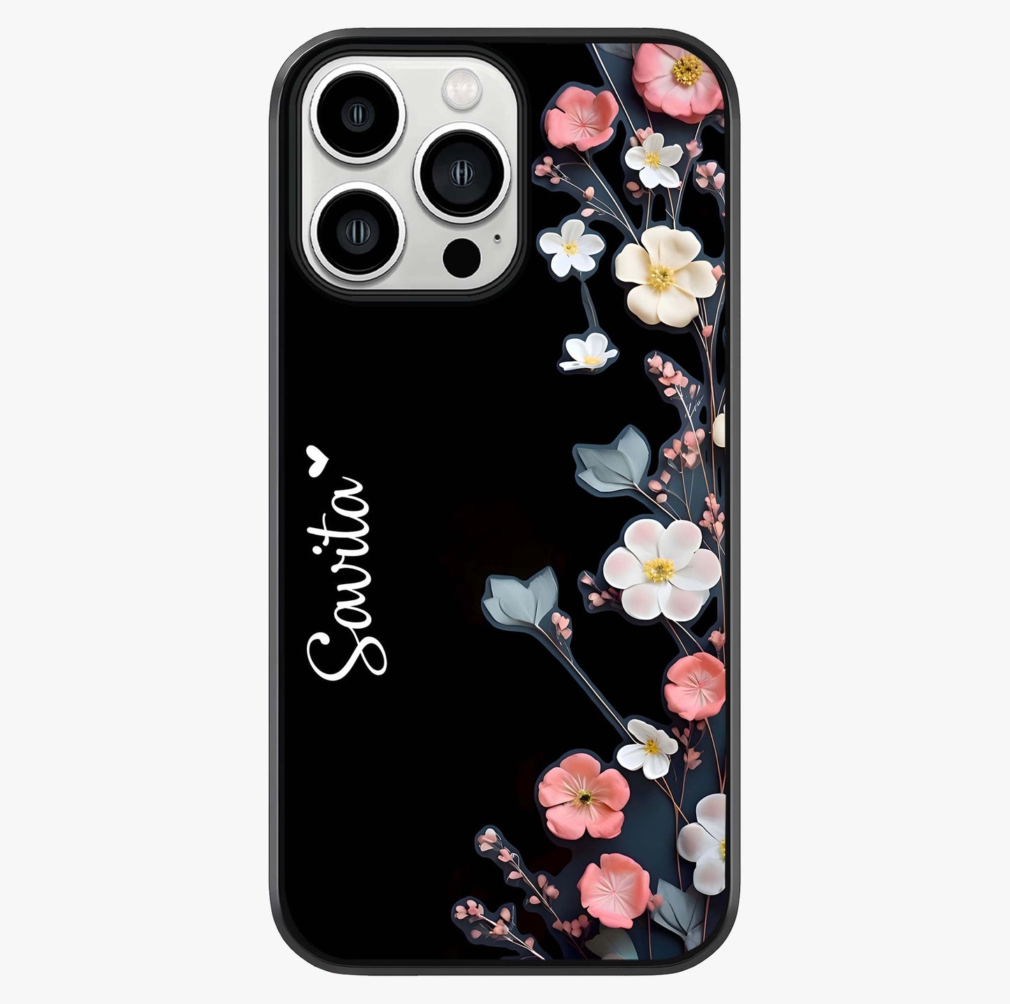 Black Elegance Floral Custom Name Glass Case showing full back design in clean flat view with glossy glass finish.