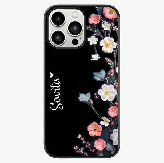 Black Elegance Floral Custom Name Glass Case showing full back design in clean flat view with glossy glass finish.