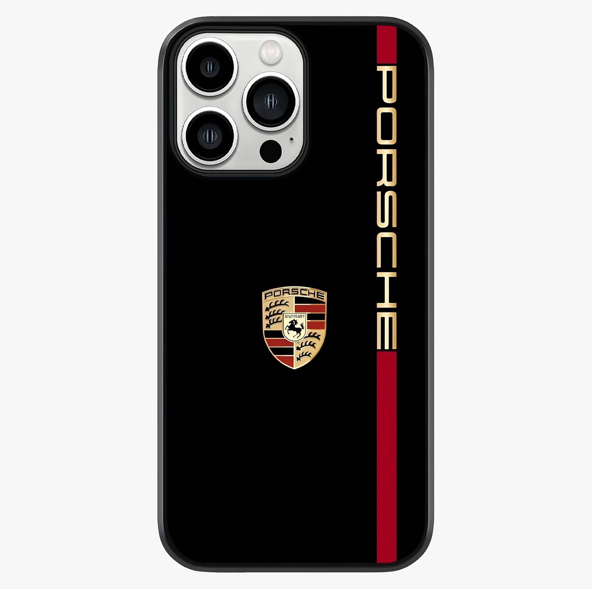Black Minimal Porsche Glass Case showing full back design in clean flat view with glossy glass finish.