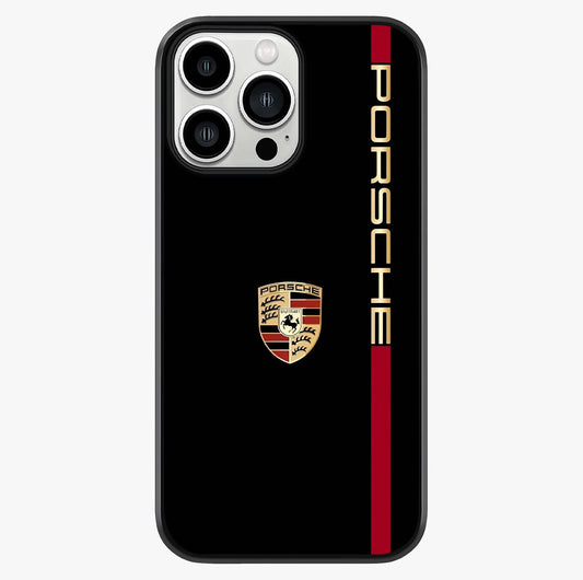 Black Minimal Porsche Glass Case showing full back design in clean flat view with glossy glass finish.