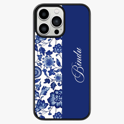 Blue Vintage Floral Pattern Glass Case showing full back design in clean flat view with glossy glass finish.