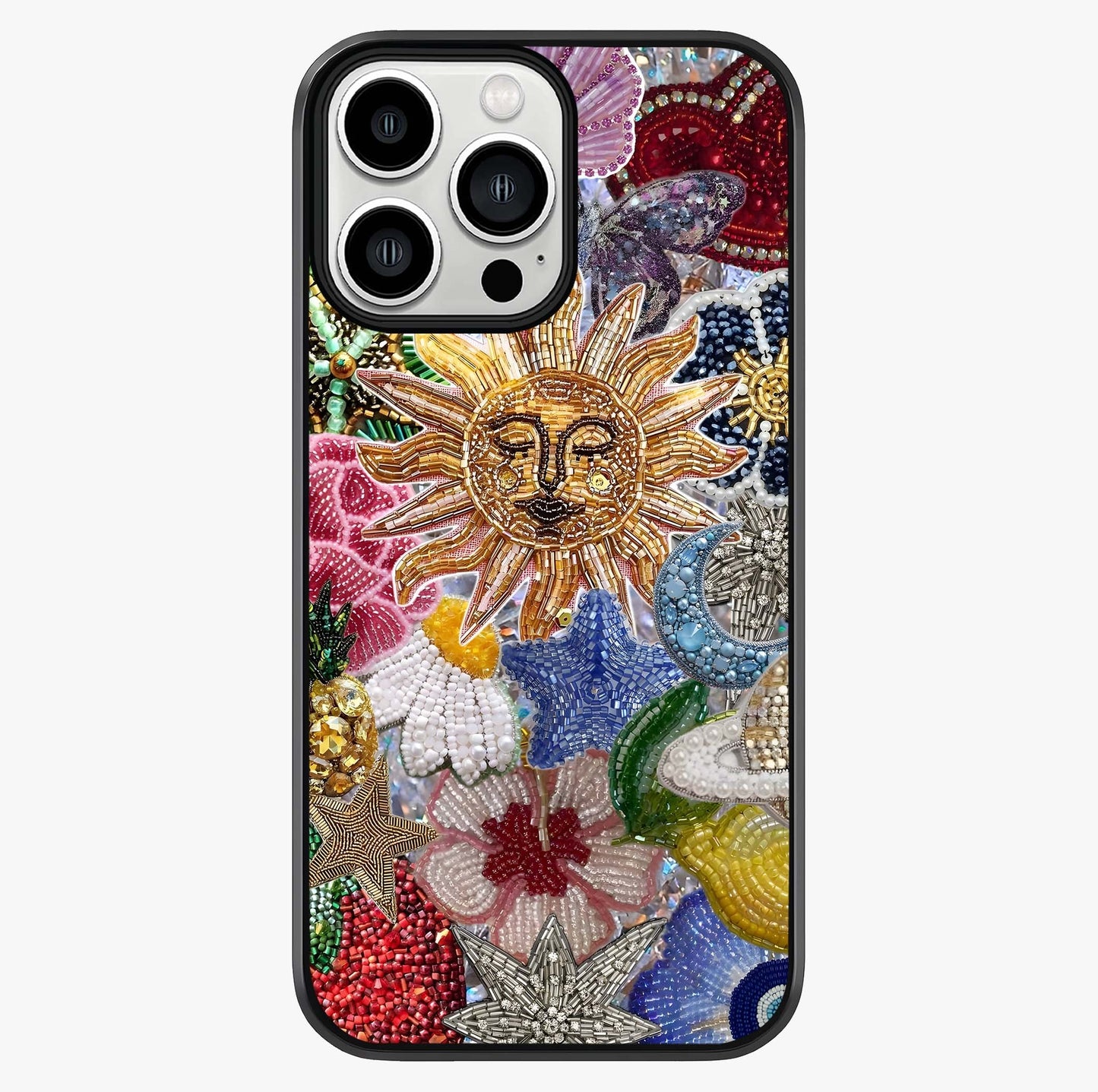 Celestial Floral And Playful Glass Case showing full back design in clean flat view with glossy glass finish.