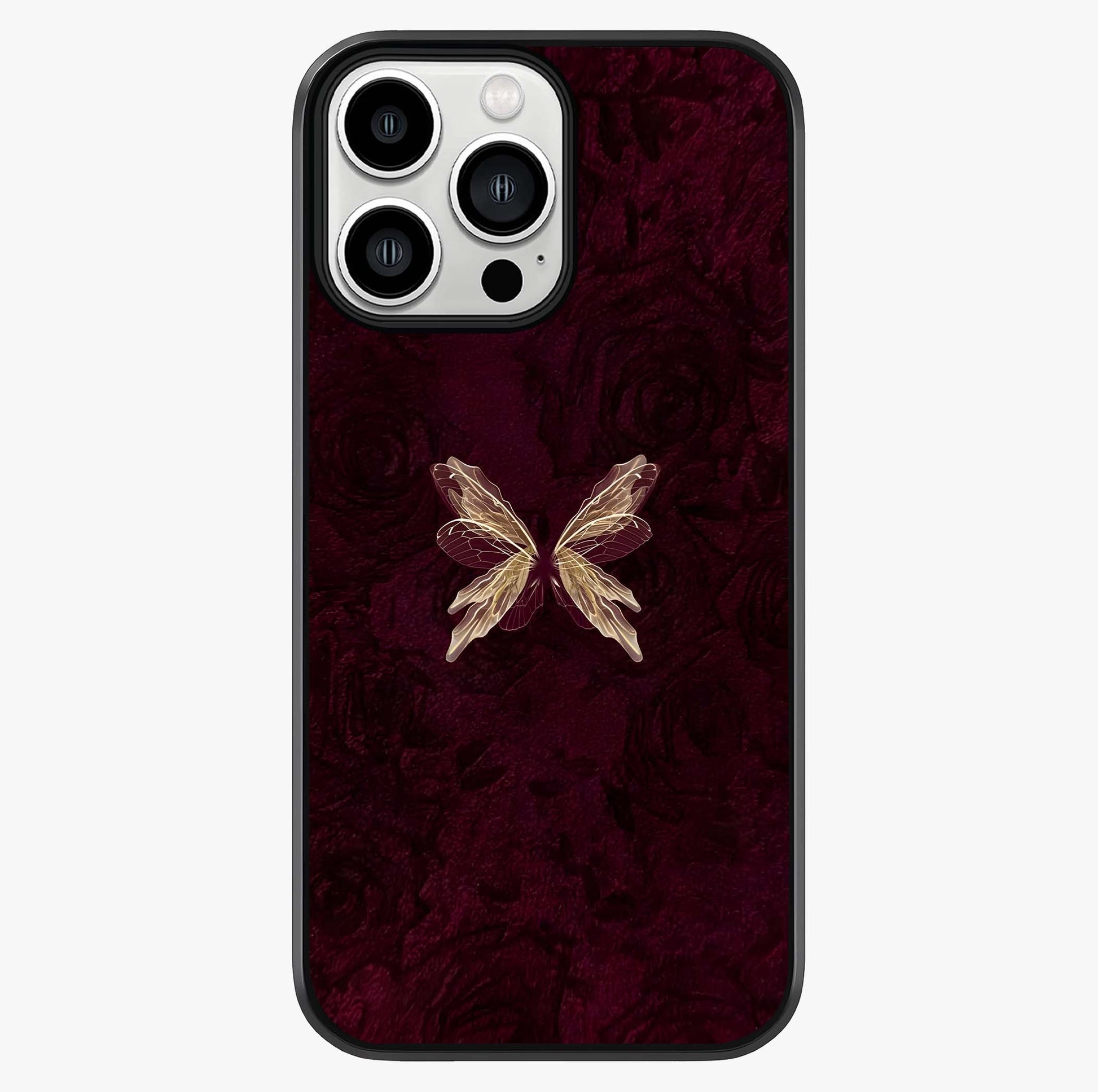 Crimson Fade Butterfly Glass Case showing full back design in clean flat view with glossy glass finish.