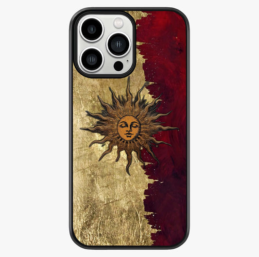 Crimson Sun Majesty Glass Case showing full back design in clean flat view with glossy glass finish.