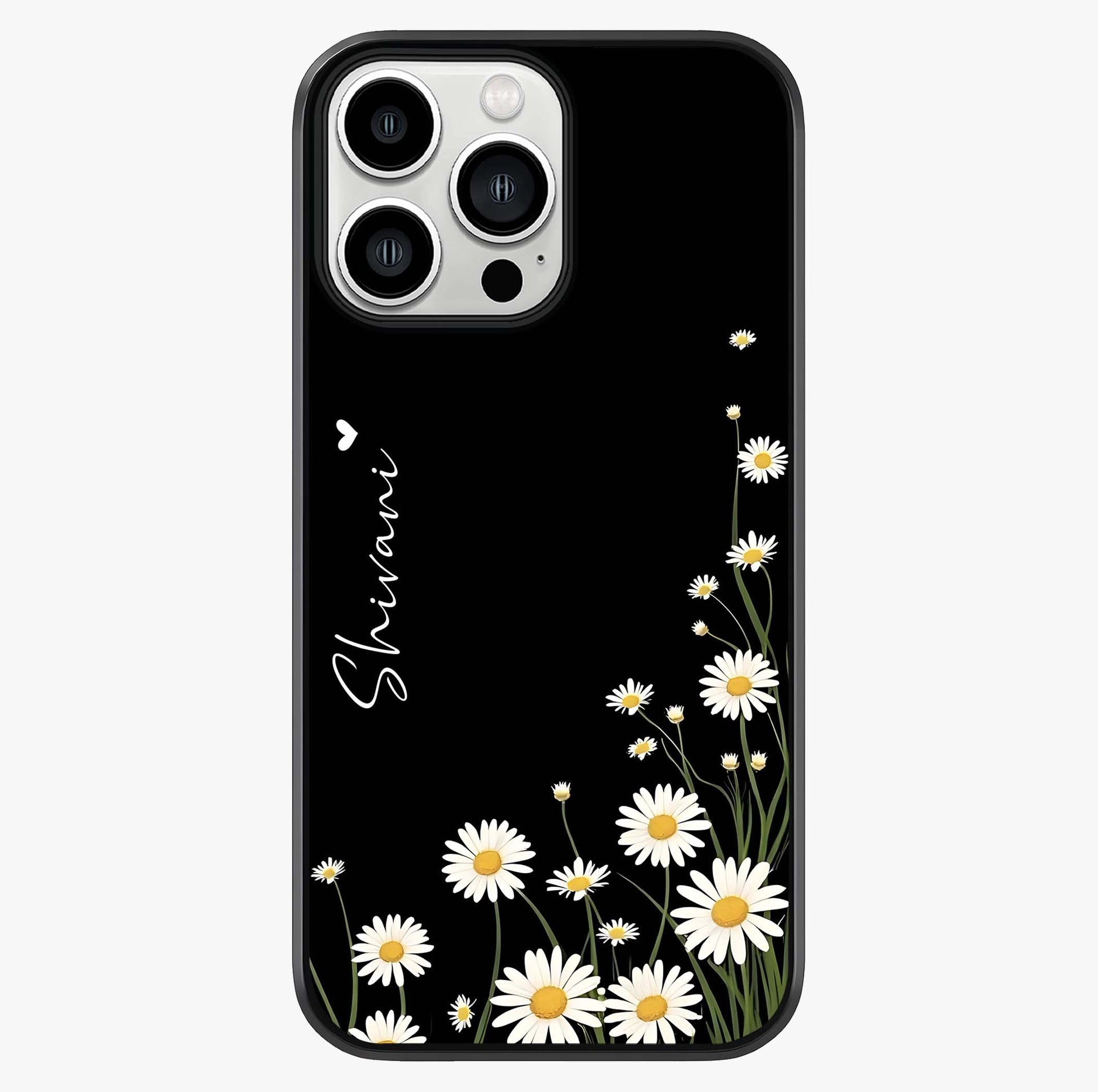 Daisy Cascade Custom Name Glass Case showing full back design in clean flat view with glossy glass finish.