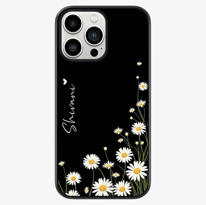Daisy Cascade Custom Name Glass Case showing full back design in clean flat view with glossy glass finish.