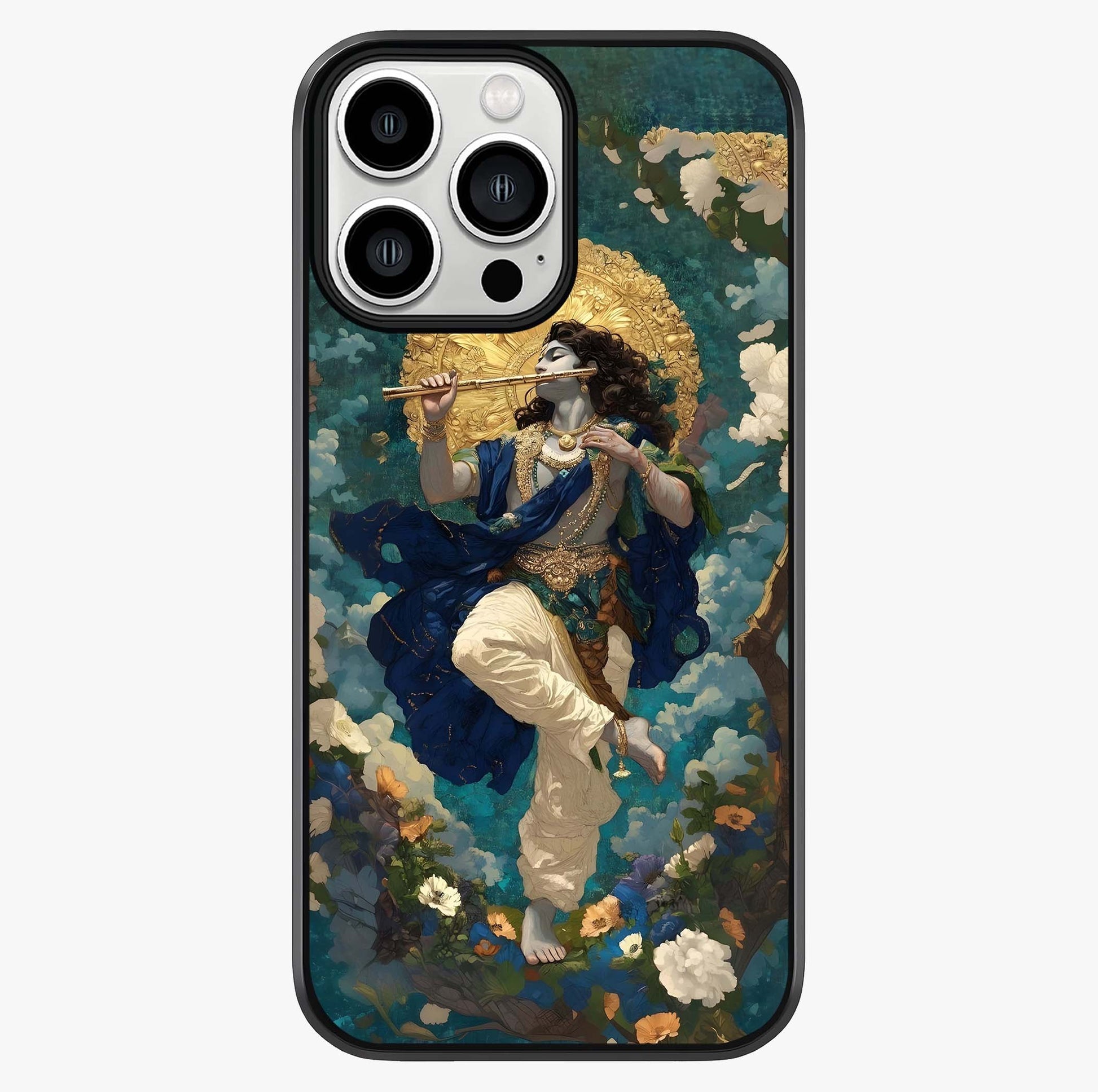Divine Krishna Art Glass Case showing full back design in clean flat view with glossy glass finish.