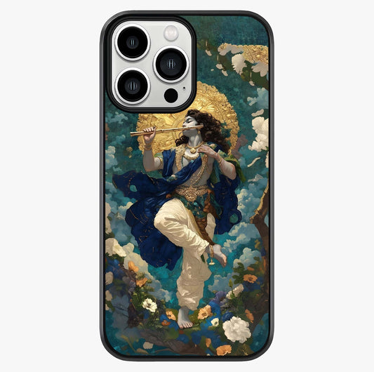 Divine Krishna Art Glass Case showing full back design in clean flat view with glossy glass finish.