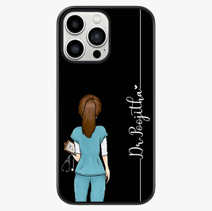 Doctor Pattern Custom Name Glass Case showing full back design in clean flat view with glossy glass finish.
