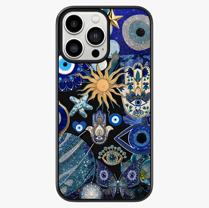 Evil Eye Charm Mix Glass Case showing full back design in clean flat view with glossy glass finish.