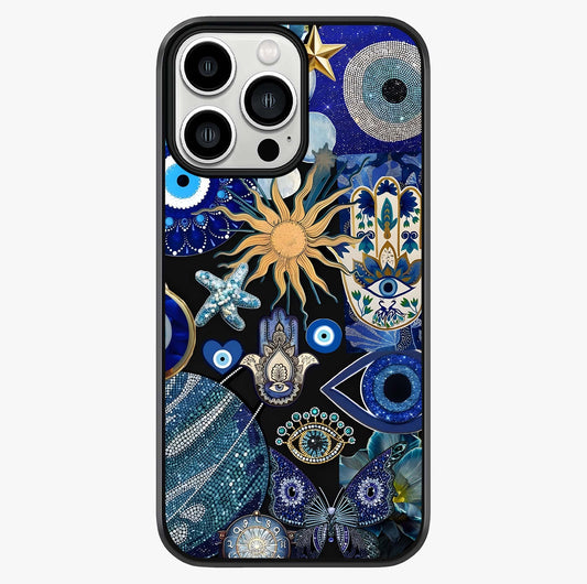 Evil Eye Charm Mix Glass Case showing full back design in clean flat view with glossy glass finish.