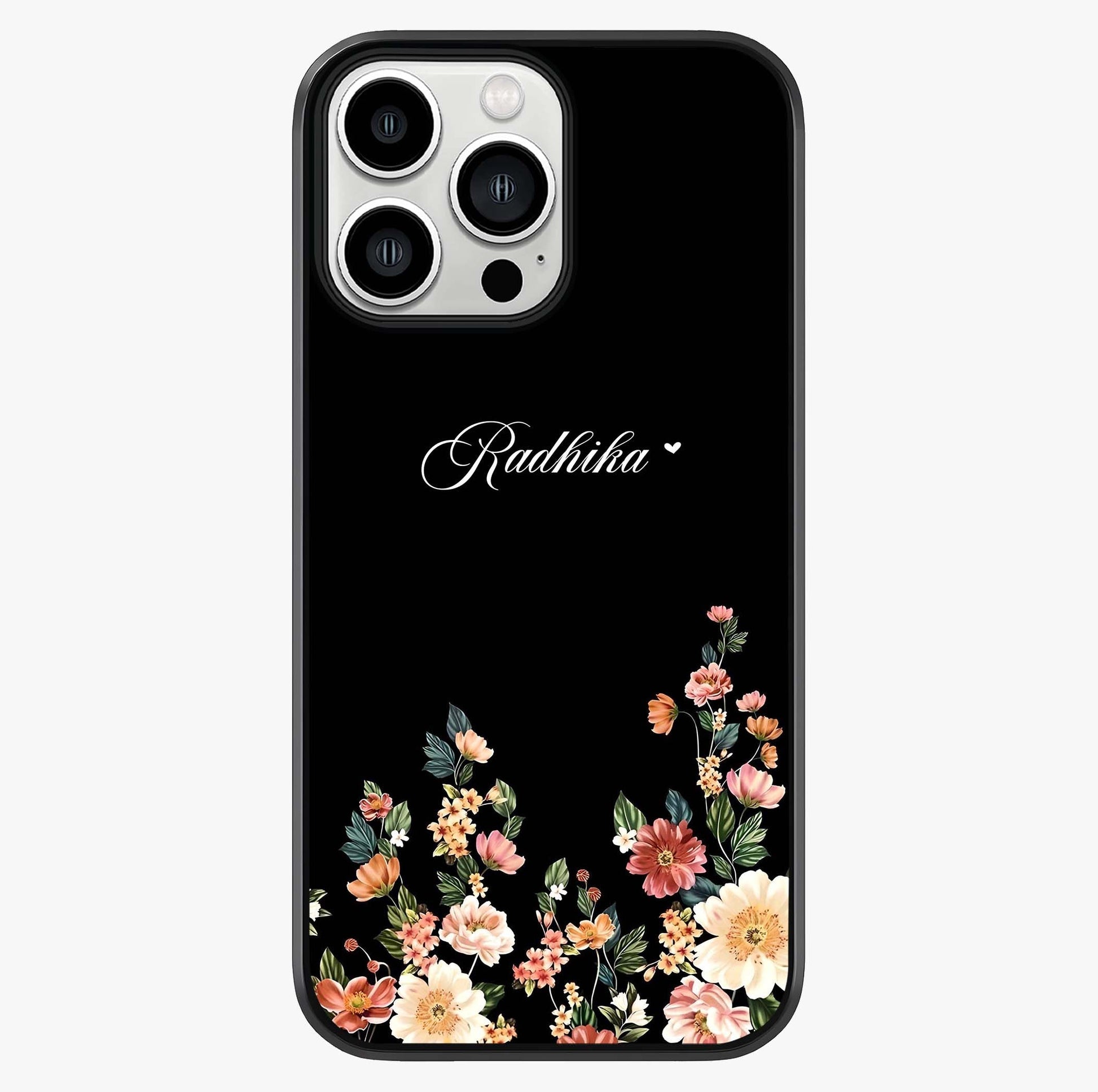 Floral Design With A Custom Personalized Name Glass Case showing full back design in clean flat view with glossy glass finish.