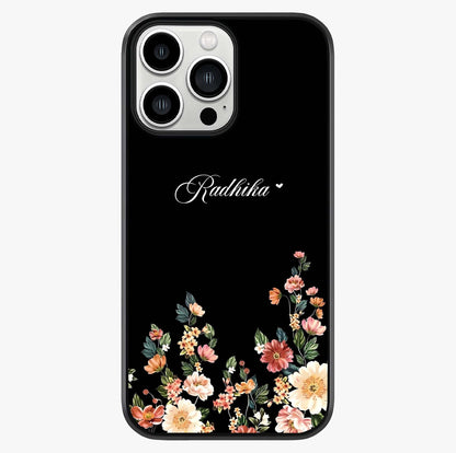Floral Design With A Custom Personalized Name Glass Case showing full back design in clean flat view with glossy glass finish.
