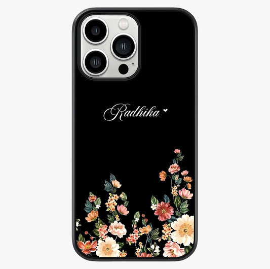Floral Design With A Custom Personalized Name Glass Case showing full back design in clean flat view with glossy glass finish.
