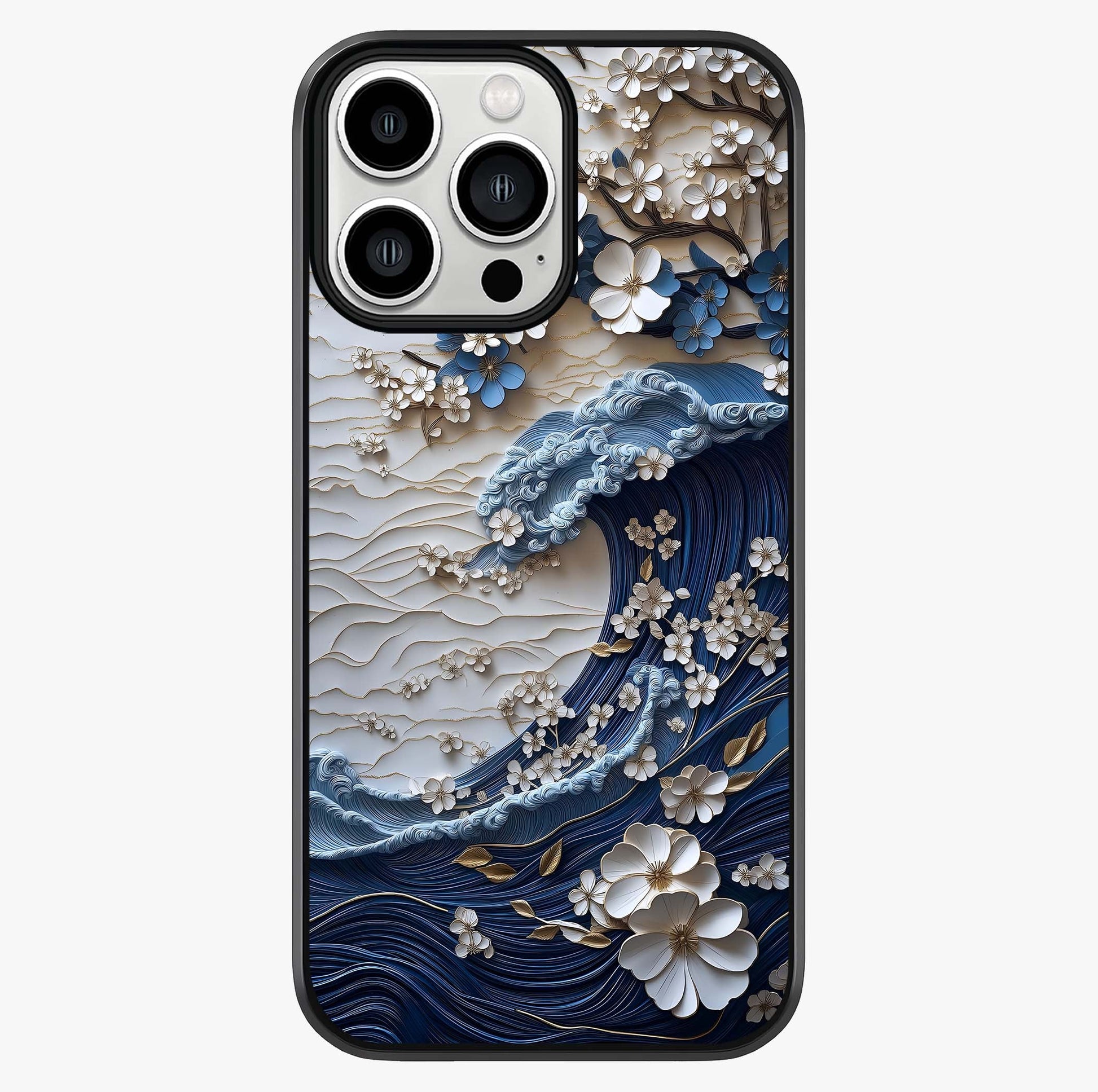 Floral Wave Origami Glass Case showing full back design in clean flat view with glossy glass finish.