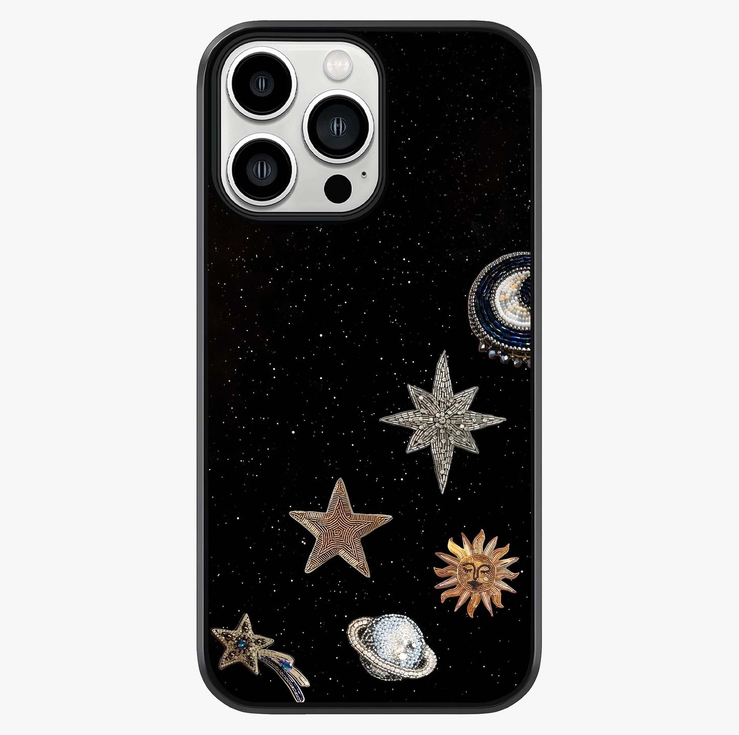 Galactic Charm Glow Glass Case showing full back design in clean flat view with glossy glass finish.