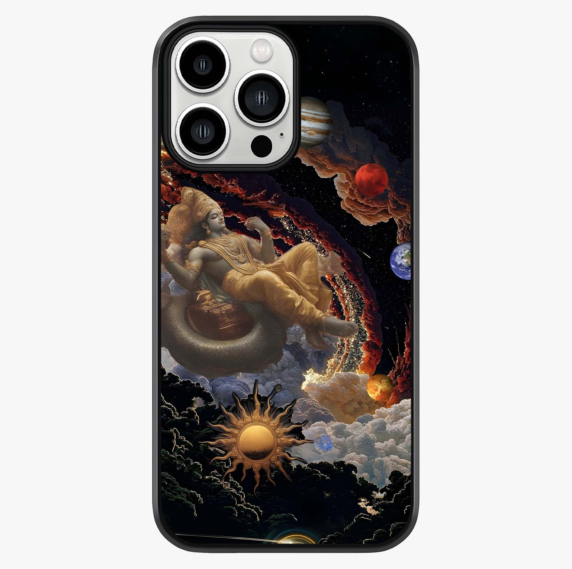 Galactic Divine God Glass Case showing full back design in clean flat view with glossy glass finish.