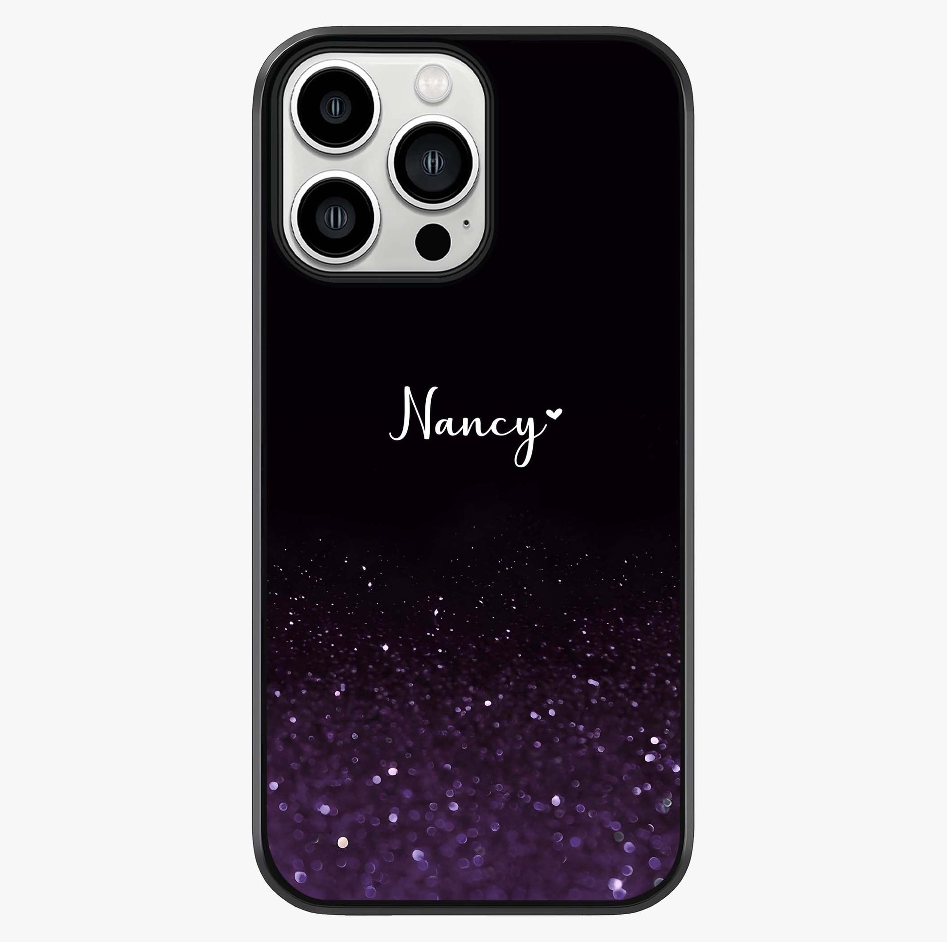 Glittery Purple Bokeh Custom Name Glass Case showing full back design in clean flat view with glossy glass finish.