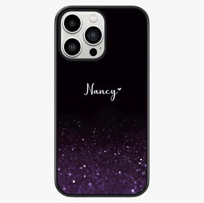 Glittery Purple Bokeh Custom Name Glass Case showing full back design in clean flat view with glossy glass finish.