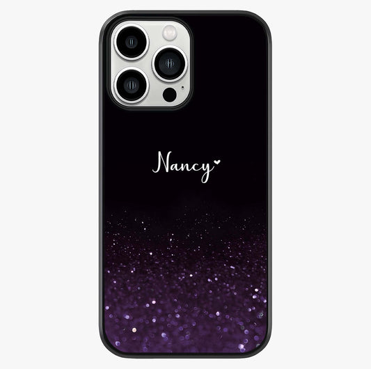 Glittery Purple Bokeh Custom Name Glass Case showing full back design in clean flat view with glossy glass finish.