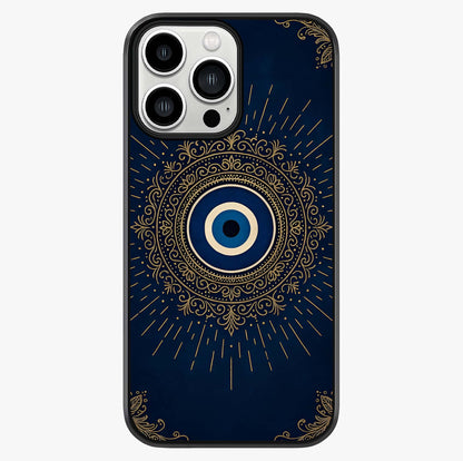 Golden Evil Eye Mandala Glass Case showing full back design in clean flat view with glossy glass finish.