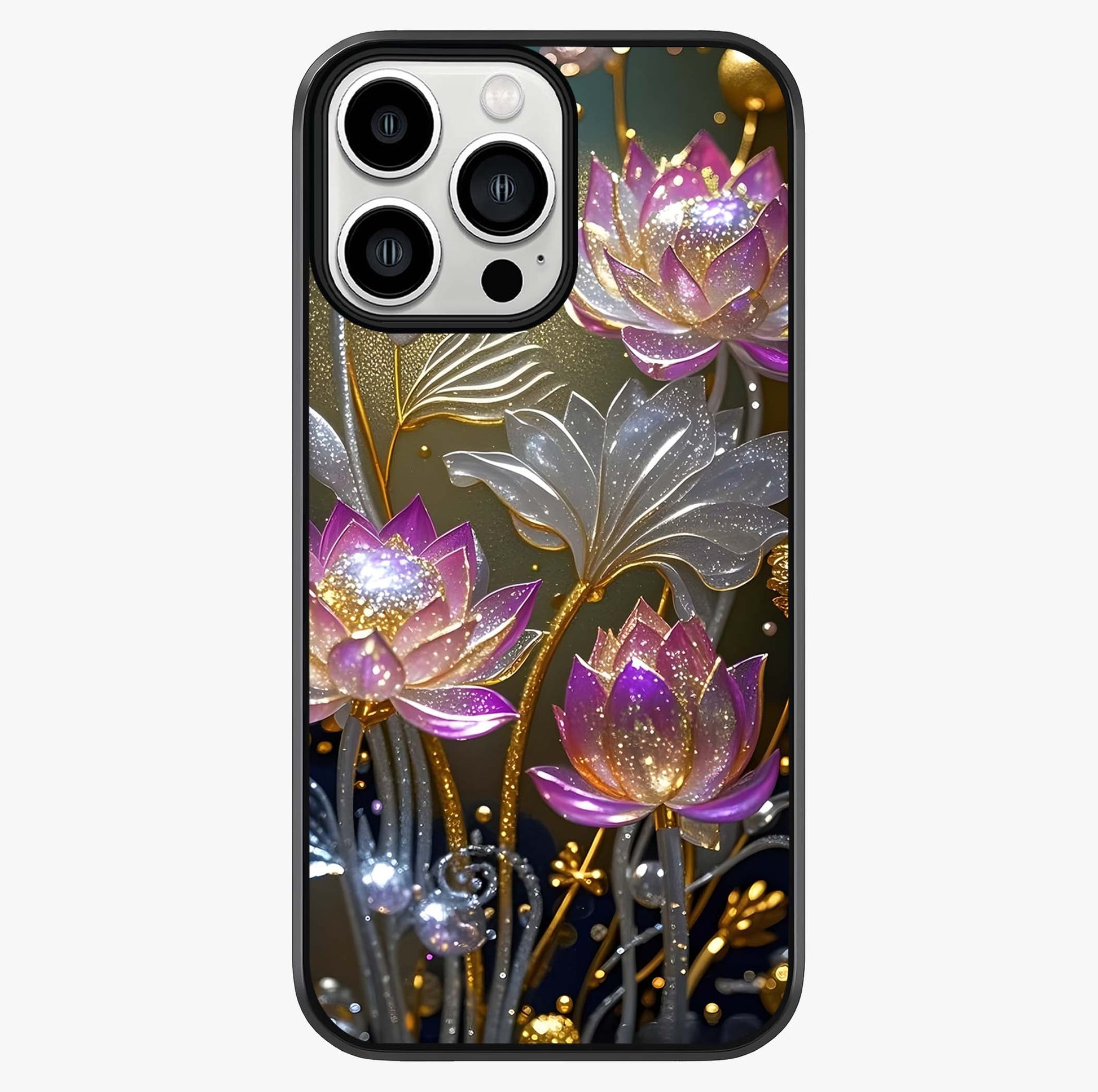 Golden Lotus Glow Glass Case showing full back design in clean flat view with glossy glass finish.
