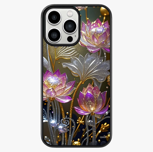 Golden Lotus Glow Glass Case showing full back design in clean flat view with glossy glass finish.