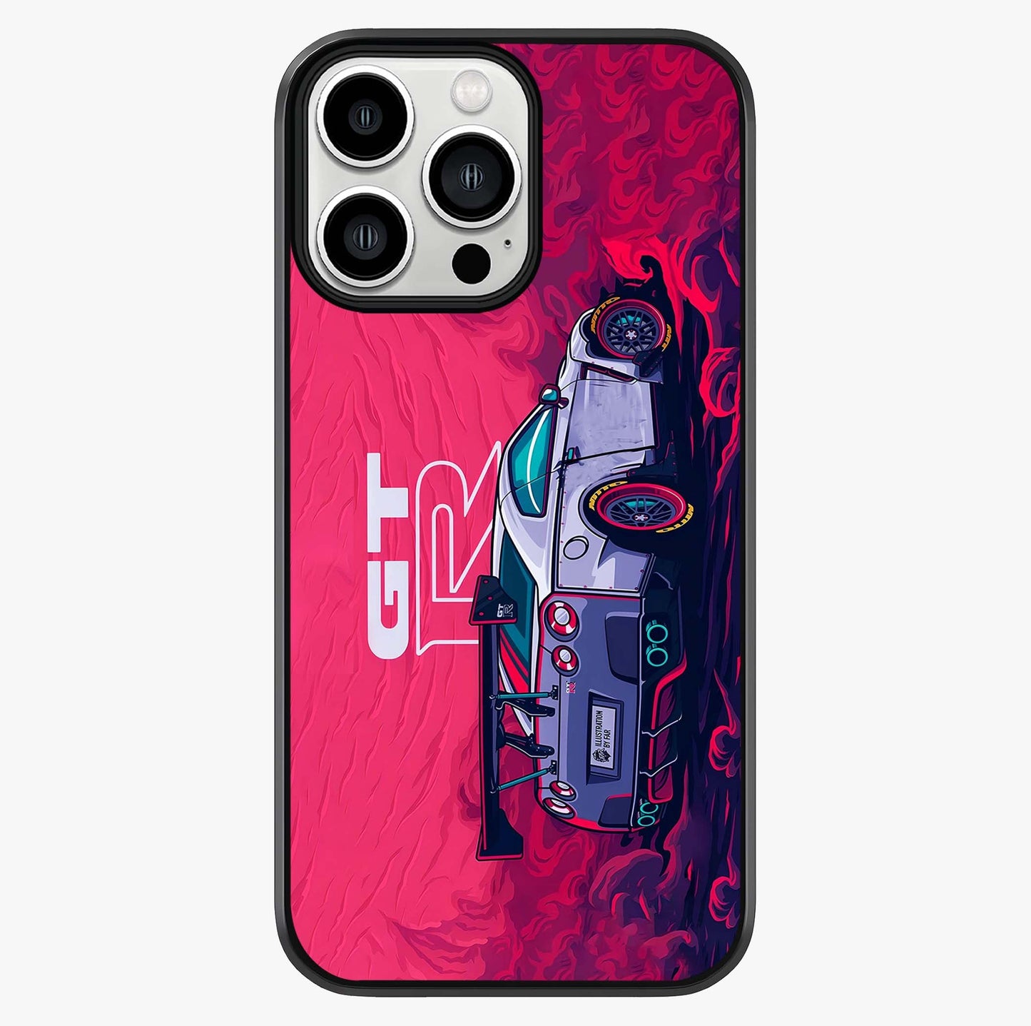 GT R Car Pattern Glass Case showing full back design in clean flat view with glossy glass finish.