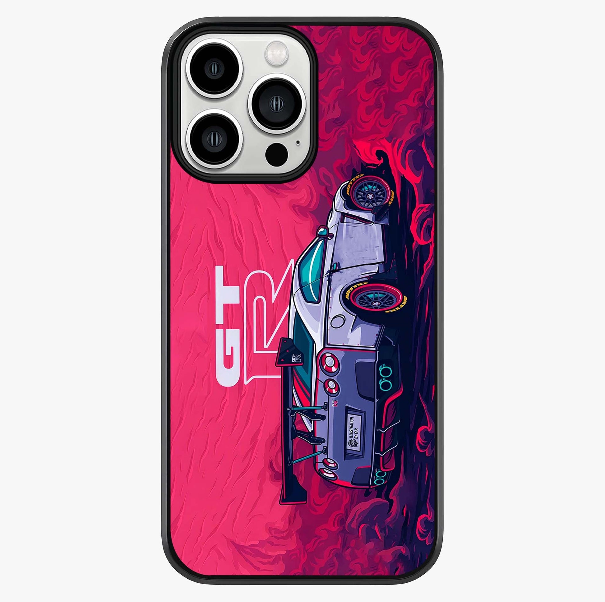 GT R Car Pattern Glass Case showing full back design in clean flat view with glossy glass finish.