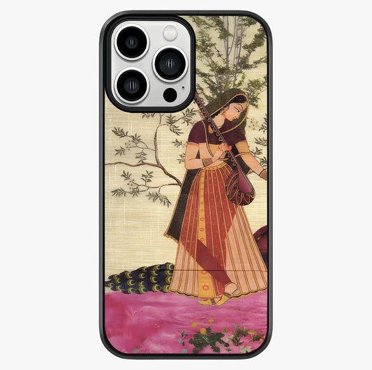 Lady With Veena Art Glass Case showing full back design in clean flat view with glossy glass finish.