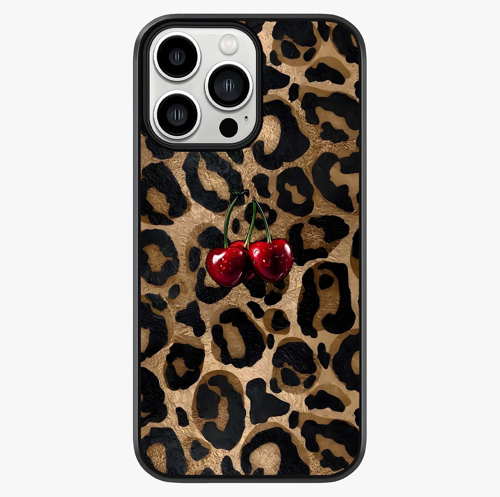 Leopard Wild Cherry Glass Case showing full back design in clean flat view with glossy glass finish.
