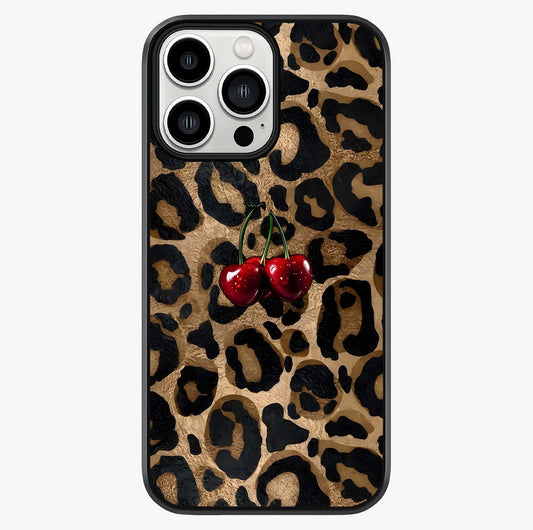 Leopard Wild Cherry Glass Case showing full back design in clean flat view with glossy glass finish.