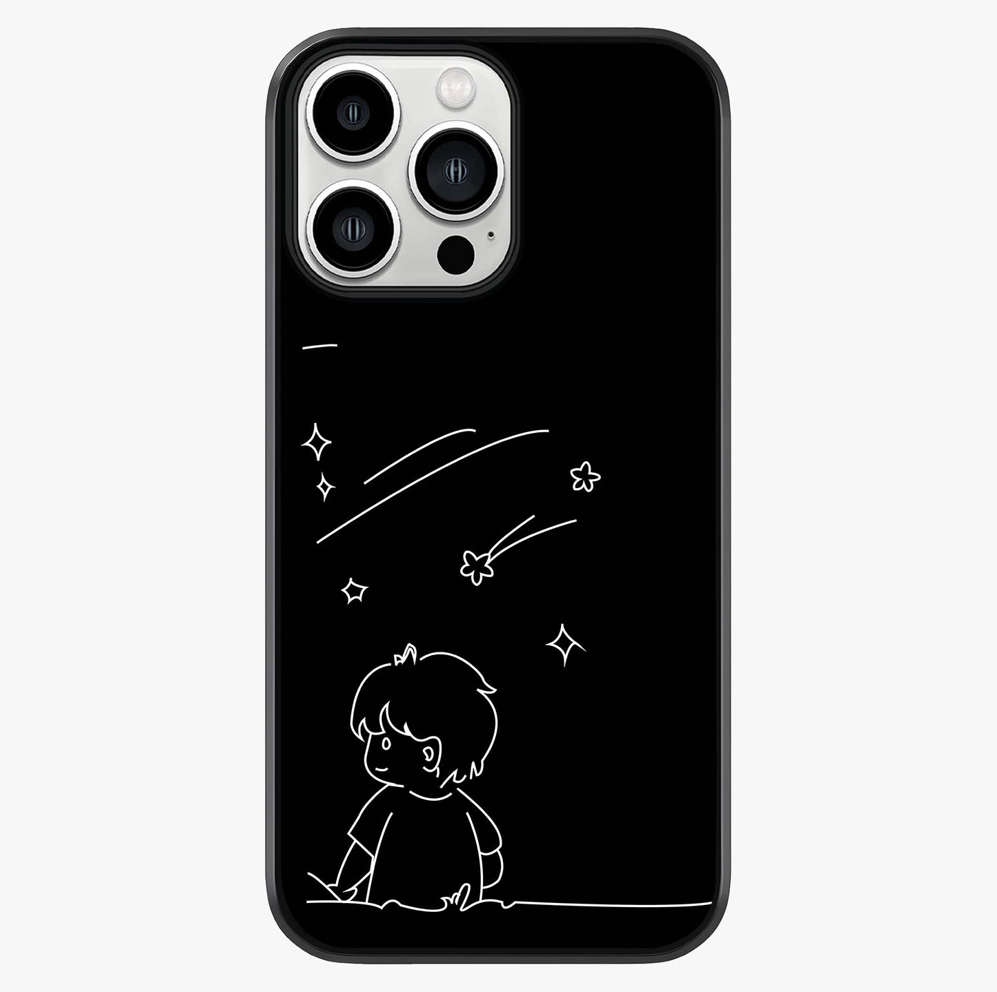 Line Art Boy With Shooting Stars Glass Case showing full back design in clean flat view with glossy glass finish.