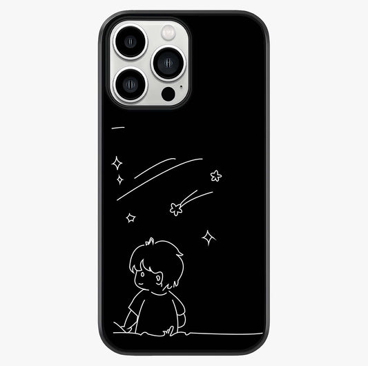 Line Art Boy With Shooting Stars Glass Case showing full back design in clean flat view with glossy glass finish.