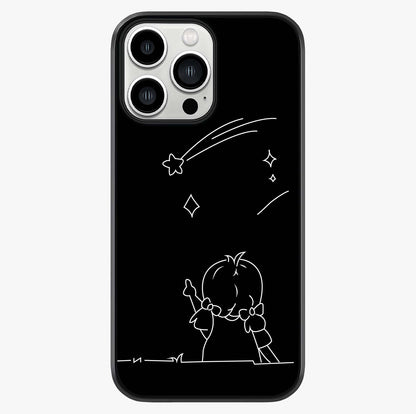 Line Art Girl With Shooting Stars Glass Case showing full back design in clean flat view with glossy glass finish.