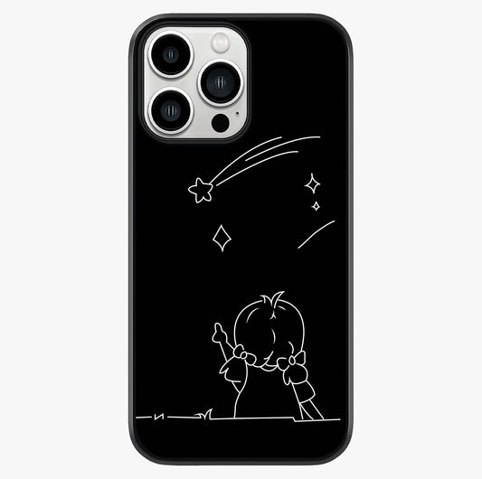 Line Art Girl With Shooting Stars Glass Case showing full back design in clean flat view with glossy glass finish.