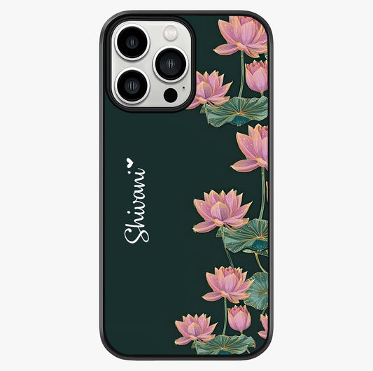 Lotus Bloom Serenity Custom Name Glass Case showing full back design in clean flat view with glossy glass finish.